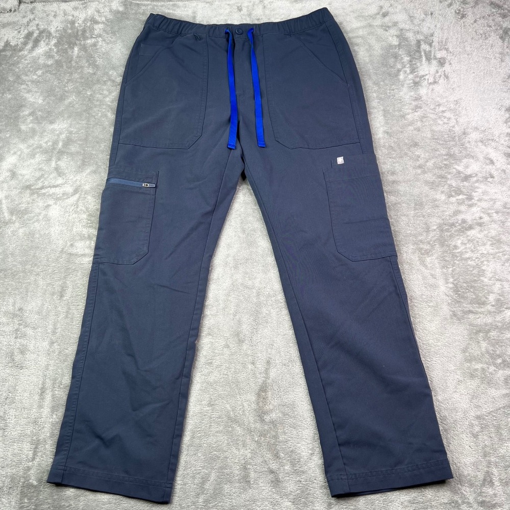 FIGS Cairo Straight Scrub Pants Mens L‎ Navy Blue Solid Multi Pocket Drawstring